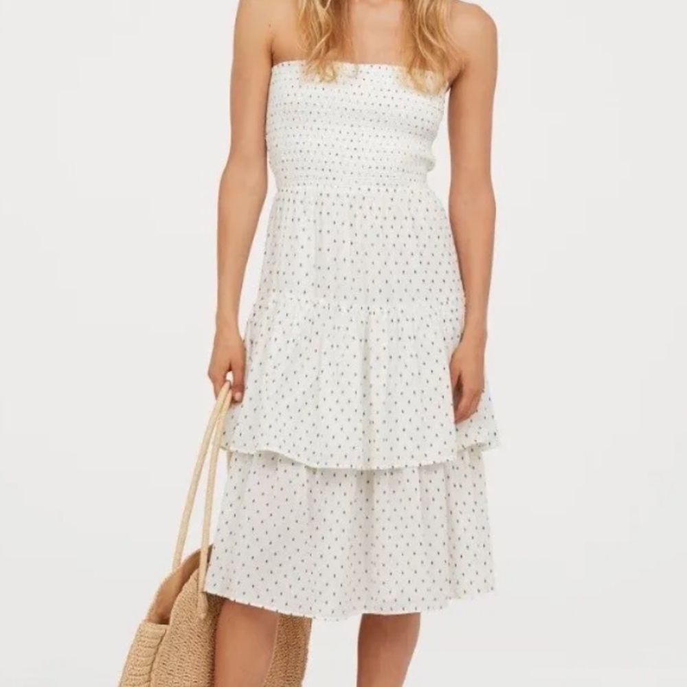 H&M smocked strapless flounced dress polka dot